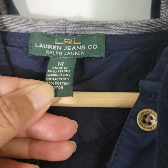 LRL Lauren Jeans Navy Blue Hooded Sweatshirt Women Sz M Drawstring - Picture 9 of 11